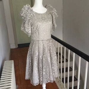 BCBG Cynthia Silver Metallic Lace Dress Size 10